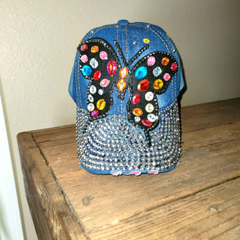 Blue Jean Jeweled Rhinestone Distressed Hat/Cap - Picture 2 of 3
